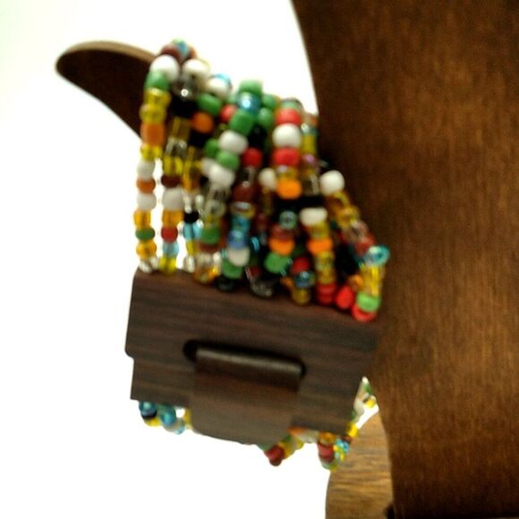 Glass Beaded Stretch Bracelet 14 Strand Wood Buckle Multi-colored - Picture 6 of 14
